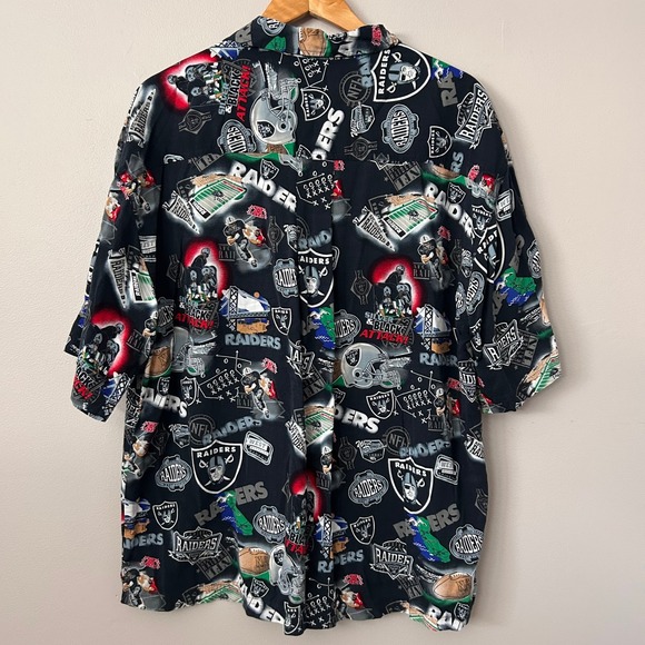 NFL Oakland Raiders Mens XL Black All Over Print Hawaiian Button Front Shirt Vtg - Picture 3 of 7